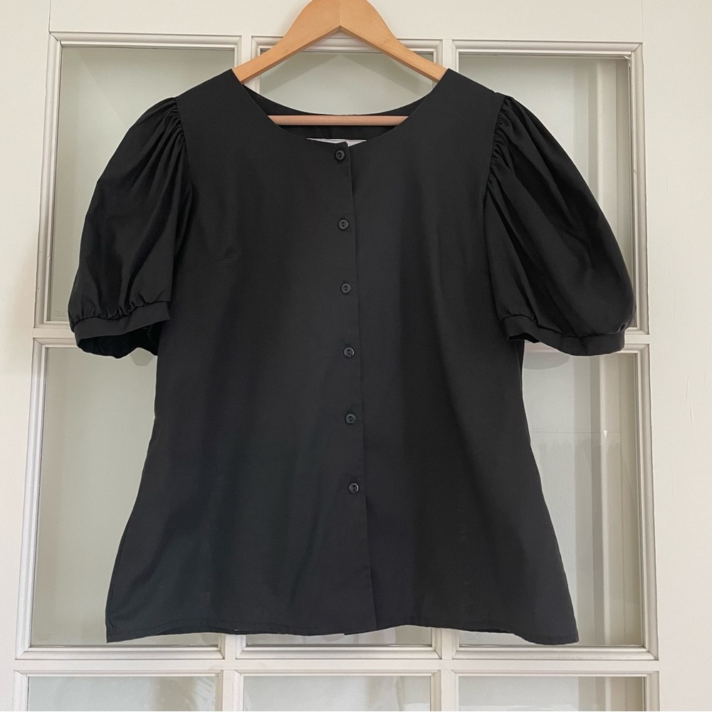Vintage Krist Gudnason black puff sleeve short sleeve blouse 100% cotton